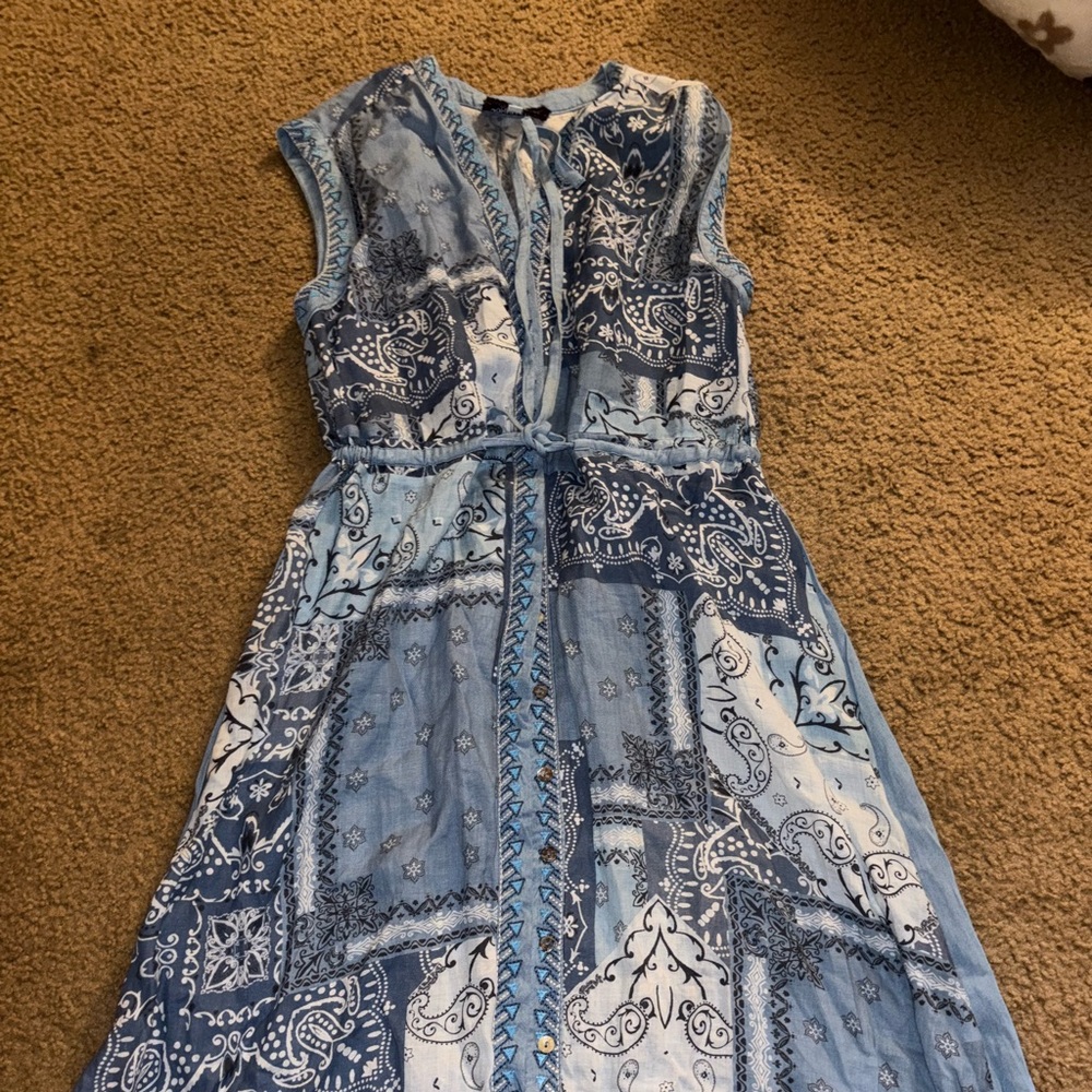 JOHNNY WAS Sleeveless Light Blue Bandana Print Asymmetrical Midi Dress Size L